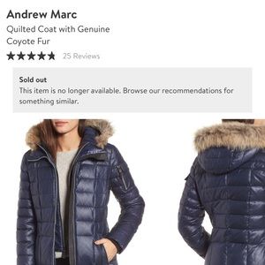 Andrew Marc navy blue quilted coat with genuine coyote fur, medium!